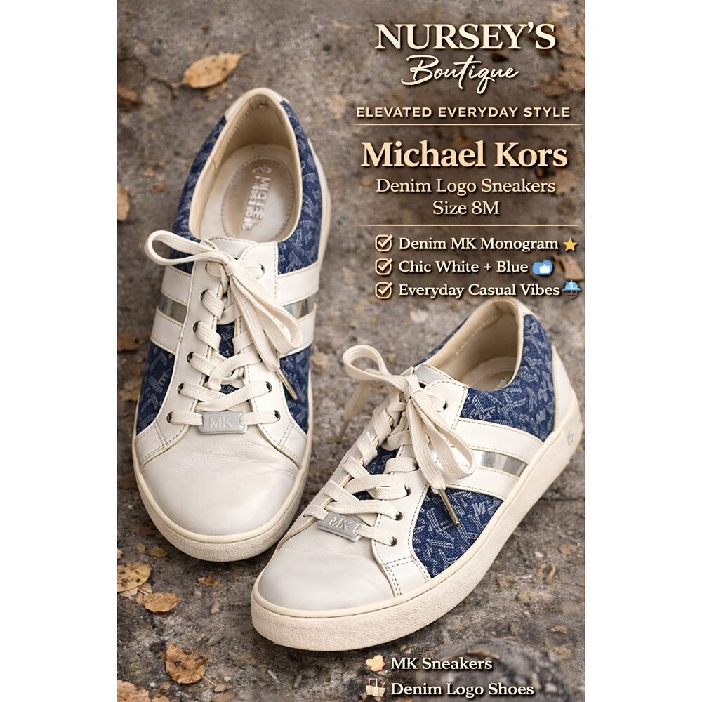 Michael Kors Denim Logo Sneakers White Blue Lace Up Shoes Womens 8